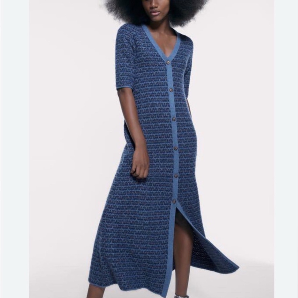 ZARA coat dress metallic jarn jacquard knit S midi maxi sparkly   blue new